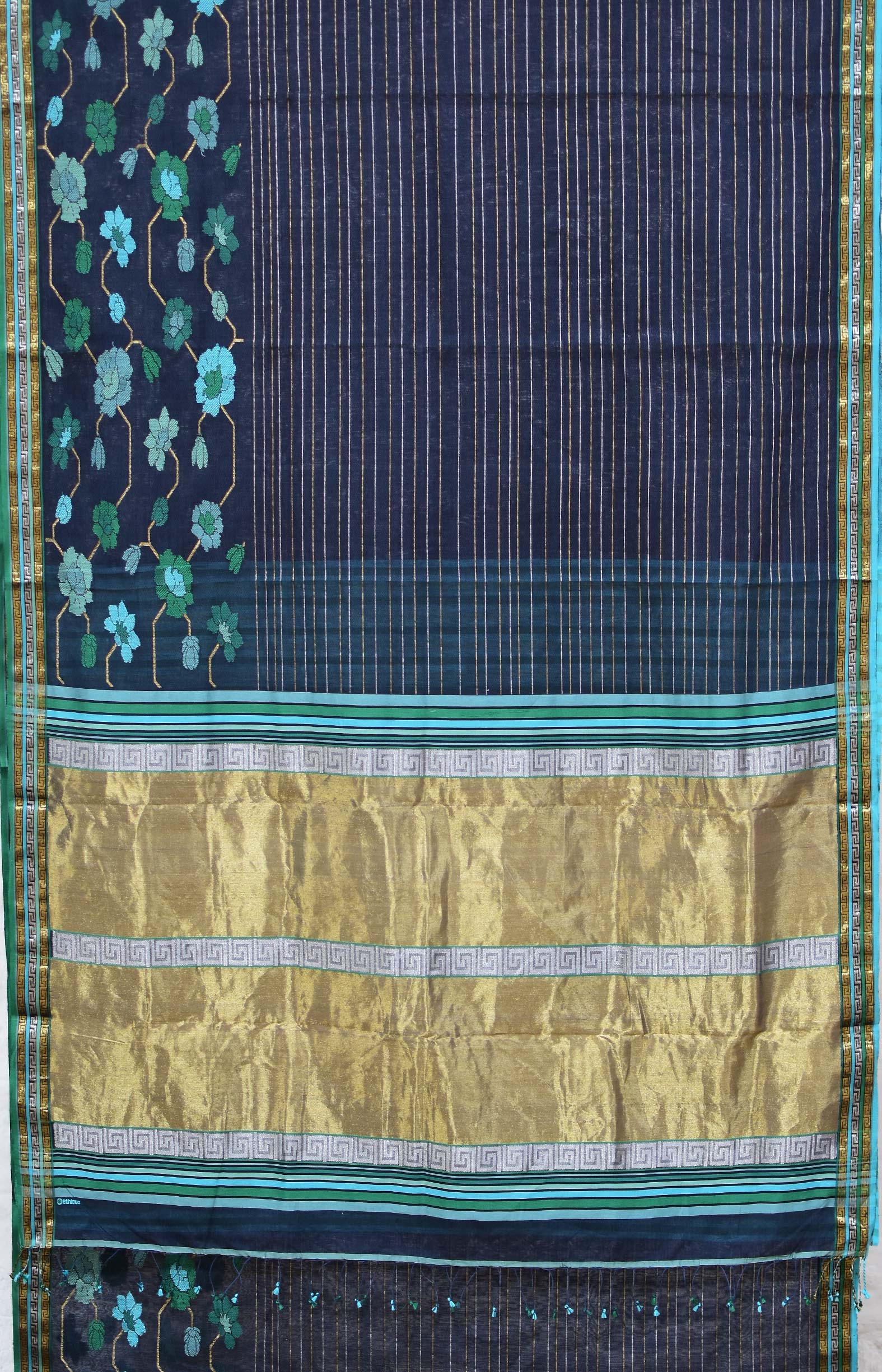 Midnight blue, Handwoven Organic Cotton, Textured Weave , Jacquard Handpicked, Festive Wear, Jari Saree